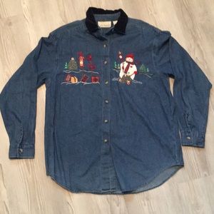 Vintage Christmas button up shirt Casey & Max snowman tree presents M long sleev